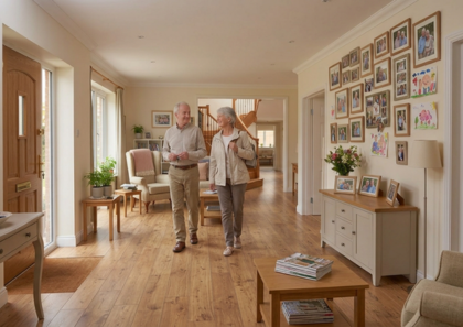 Older couple walking out of own home