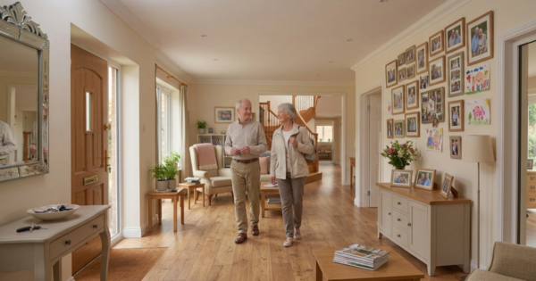 Older couple walking out of own home