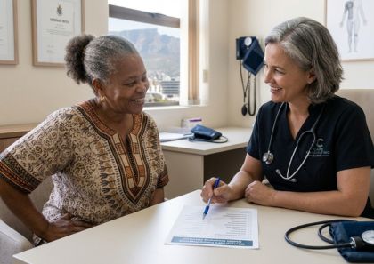 South African woman over 55 discussing health screening checklist with doctor