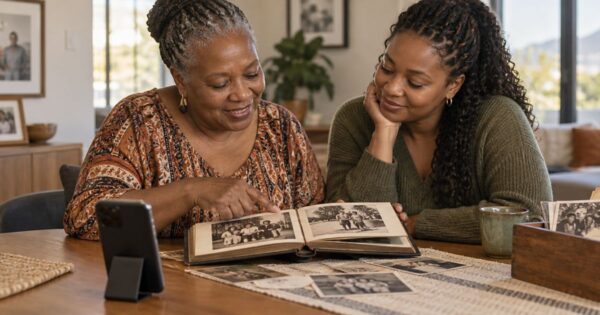 Older and younger family members looking through photographs and recording family memories