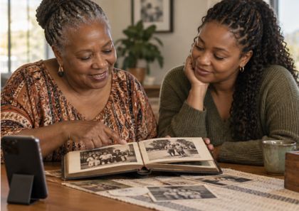 Older and younger family members looking through photographs and recording family memories