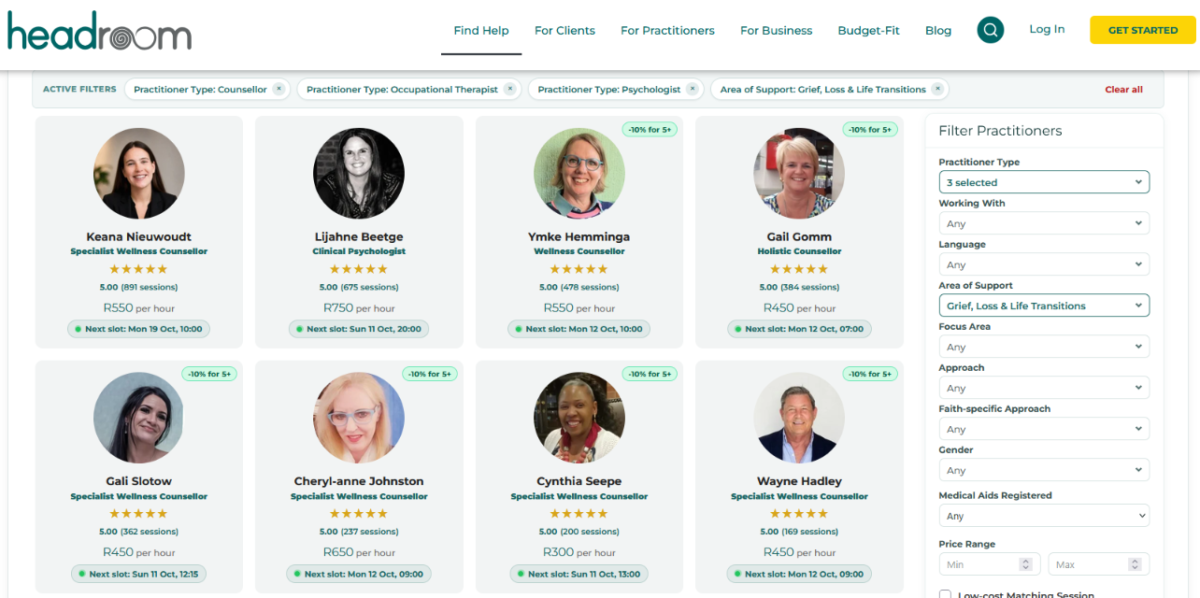 Page of practitioners on headroom platform